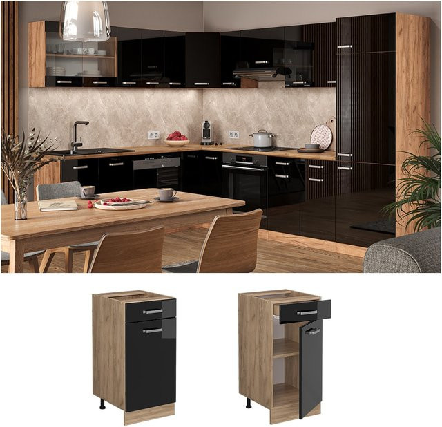 Vicco Küchenunterschrank R-Line Schubunterschrank in Schwarz und Eiche modern Breite: 40 cm - Bild 1
