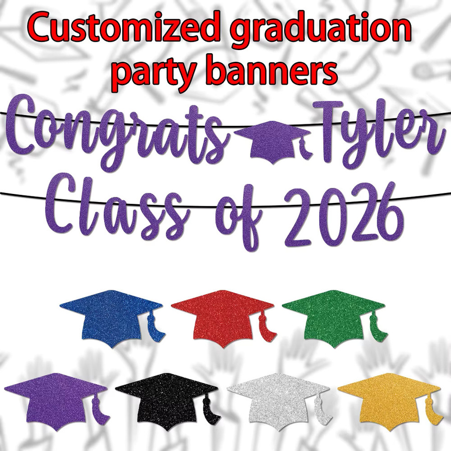Personalisiertes Glitzer-Abschlussbanner 2026 von Cyuan mit Namen und Glückwunsch-Wimpelkette für deine Schulparty - Bild 3