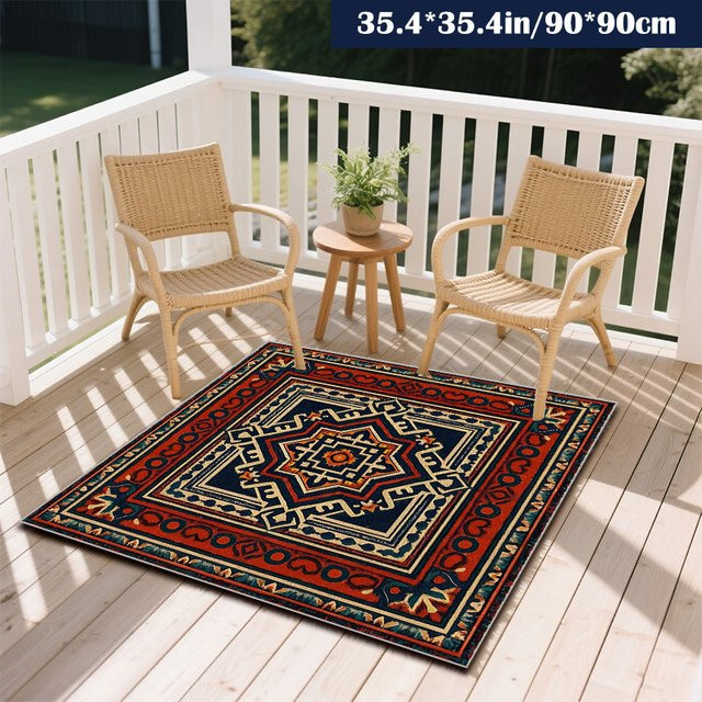 VIKAMA Quadratischer Türkischer Kilim Outdoor-Teppich mit Vintage Geometrischem Design, Rutschfest, Mehrfarbig, B/T: 90 x 90 cm - Bild 1