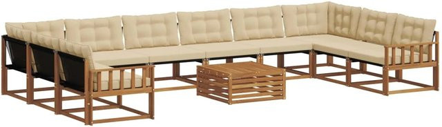 vidaXL Outdoor-Sofagarnitur aus Akazienholz in U-Form mit Textilene und Kissen, 11-teilig, Natur und Beige - Bild 1