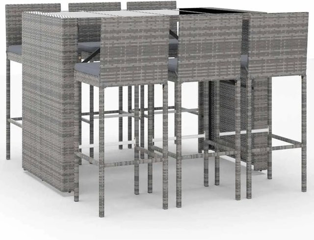 vidaXL 7-teiliges Gartenbar-Set aus grauem Poly-Rattan mit Kissen und Hartglas-Tischplatte - Bild 1