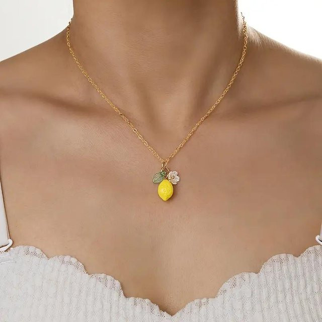 Halskette Zitronenblüte & Frucht Anhänger, Gold, Damen, Minimalistisch - Bild 1