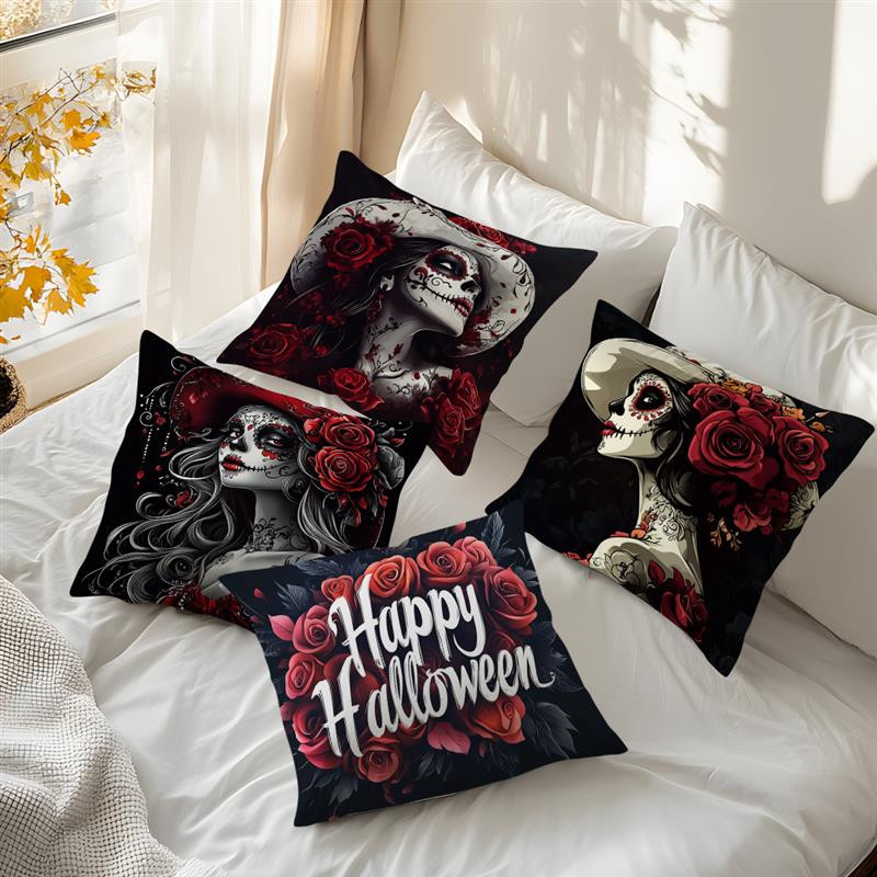 Halloween Kissenbezug mit Skelett-Braut und Totenkopf Motiv in Schwarz, B/B: 18 x 18 cm - Bild 6