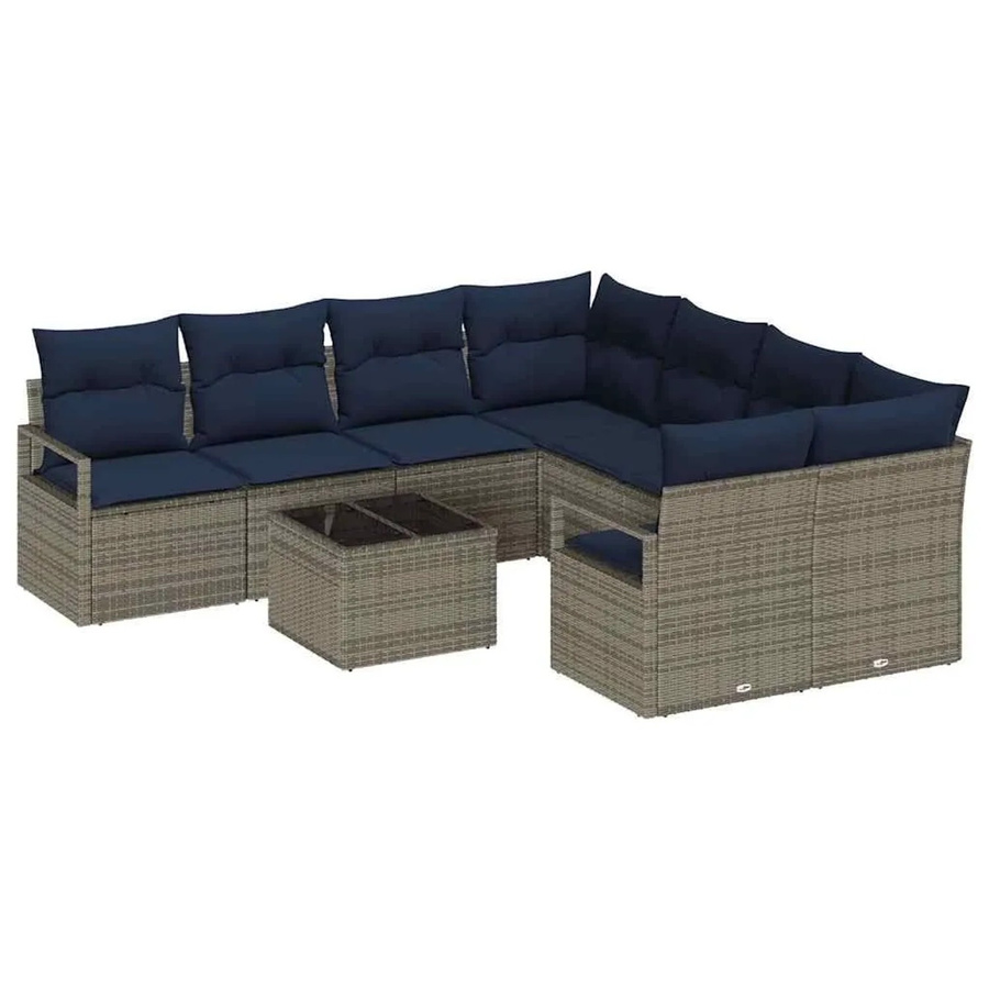 vidaXL 9-tlg. Lounge-Sofa Set aus Poly Rattan in Grau und Marineblau mit Kissen und Tisch - Bild 2