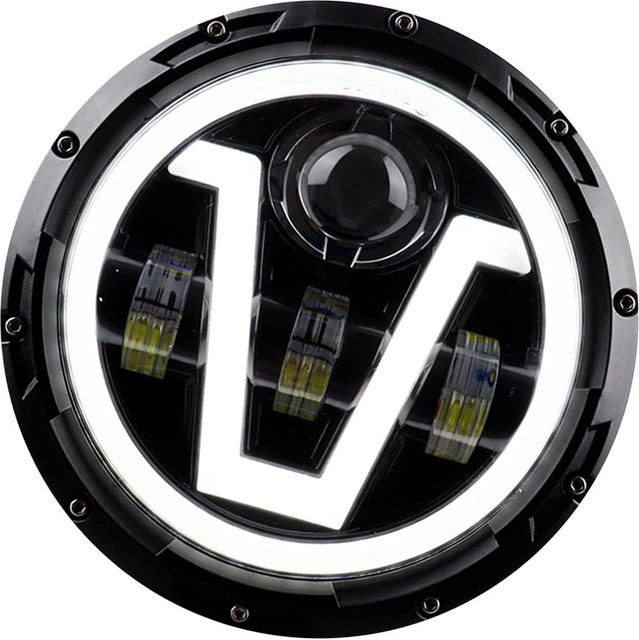 VehicleKit 7 Zoll V-förmiger LED-Motorradscheinwerfer mit Blinker und DRL, 12V/24V, Schwarz - Bild 1