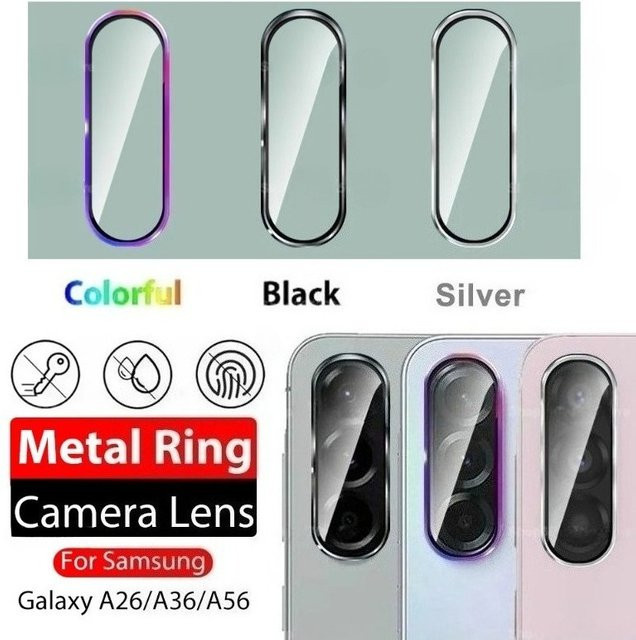 Samsung Galaxy A56 A36 A26 Kamera Schutzfolie aus gehärtetem Glas mit HD Metall Ring in Silber - Bild 1