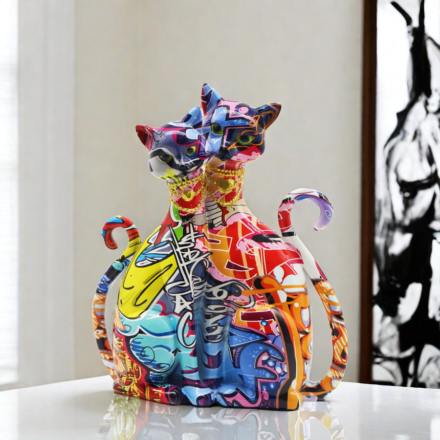 Yiran Furniture Graffiti Katze Deko-Figur aus Kunstharz in Gelb und Multicolour für dein Wohnzimmer - Bild 3