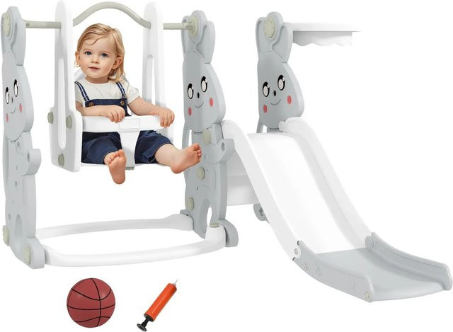 AIYAPLAY Kinderschaukel & Kinderrutsche Set Grau mit Hasenmotiv - Bild 1