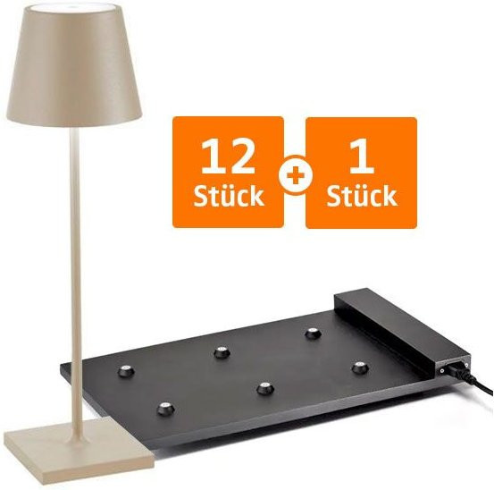 Set aus 12 Zafferano Poldina Pro LED-Akkuleuchten mit Multikontakt-Ladestation in Sand Beige, dimmbar und wetterfest IP65 - Bild 1