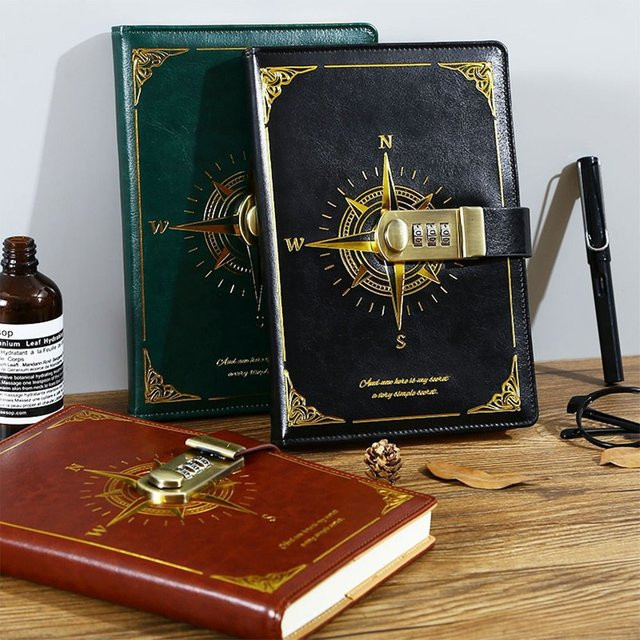 Retro A5 Notizbuch mit Schloss und Hardcover aus Kunstleder, 200 Blatt liniertes Tagebuch in Schwarz - Bild 1