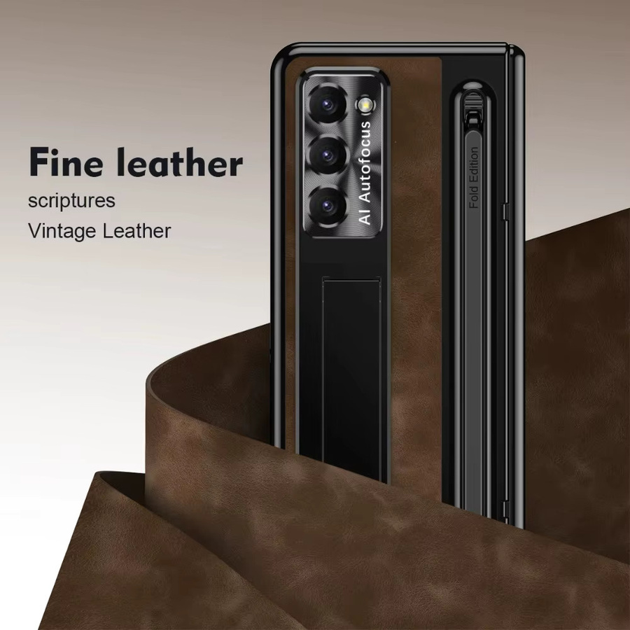 Retro Leder Schutzhülle für Samsung Galaxy Z Fold 7, 6, 5, 4 mit Stiftschlitz und Glasfolie in Braun - Bild 6