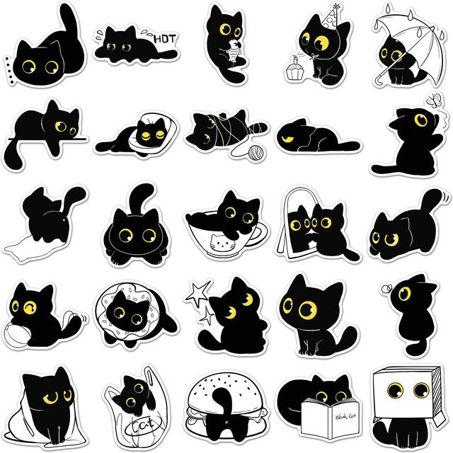 1050 Stück Kawaii Schwarze Katze Aufkleber von Binchi Outdoor Product, Wasserdichte Kätzchen Meme Sticker für Gitarre und Wasserbecher, Farbe: Schwarz - Bild 1