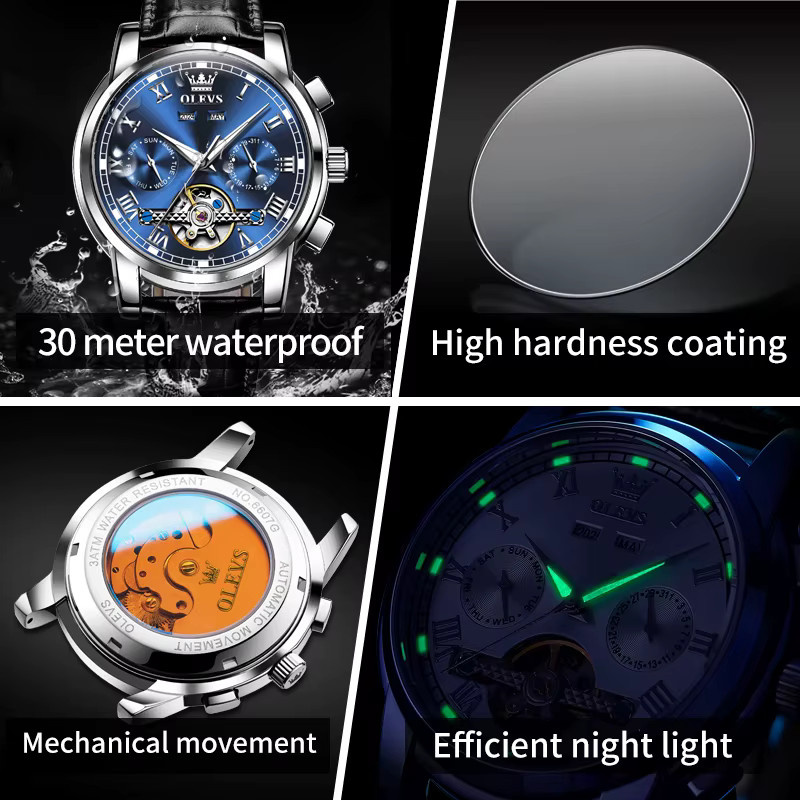 OLEVS Armbanduhr, Automatik, Leder, Blau, Herren - Bild 6