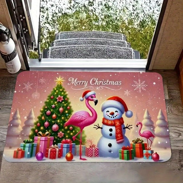 VIKAMA Weihnachts-Fußmatte mit Cartoon-Schneemann und Flamingo, rutschfest und wasserabsorbierend, multicolor - Bild 1