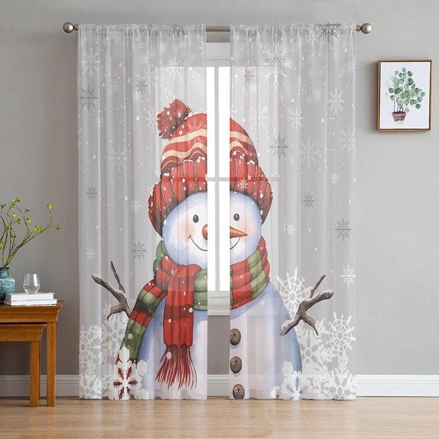 Transparente Weihnachts Vorhänge mit Schneeflocken und Schneemann in Grau, Tüll Voile Vorhang für Wohnzimmer und Küche, Breite: 135 cm, Höhe: 115 cm - Bild 1
