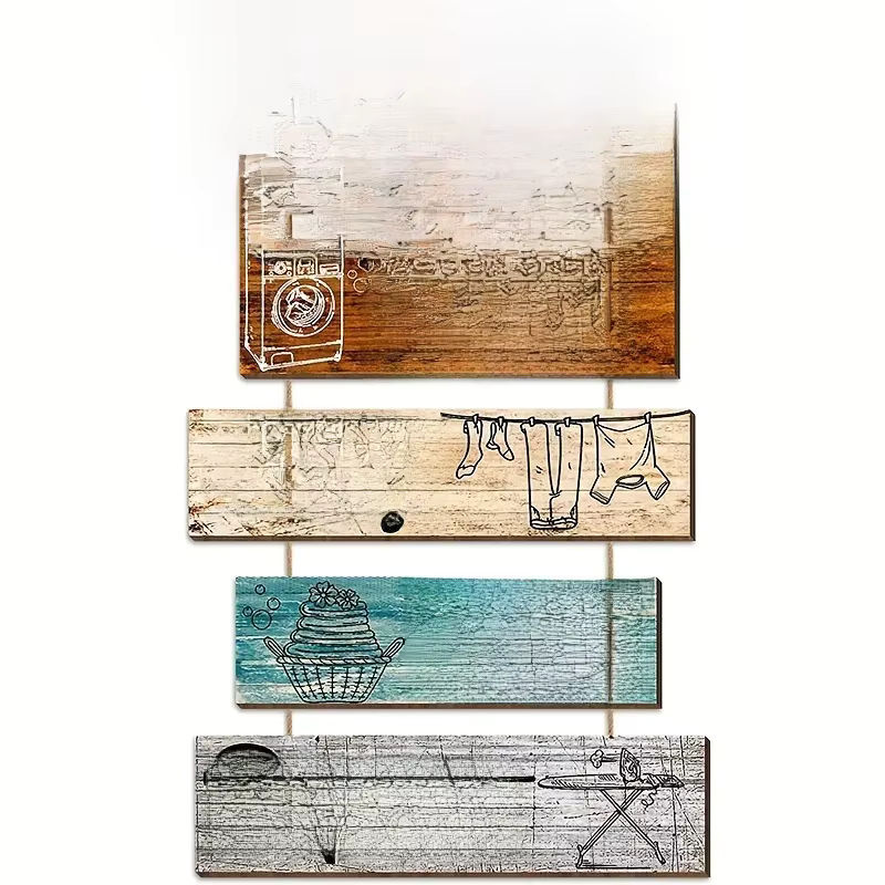 Retro Wandbehang aus Holz mit Wäsche-Regeln im Landhausstil, mehrfarbig, Querformat - Bild 6