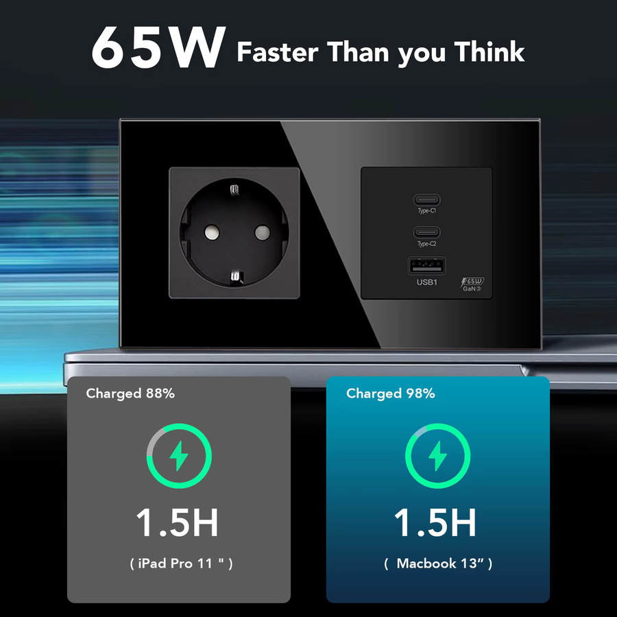 BSEED Kombination aus Steckdose und 65 W USB-C Schnellladeanschluss mit EU-Licht-Touch-Schalter aus Glas in Schwarz - Bild 2