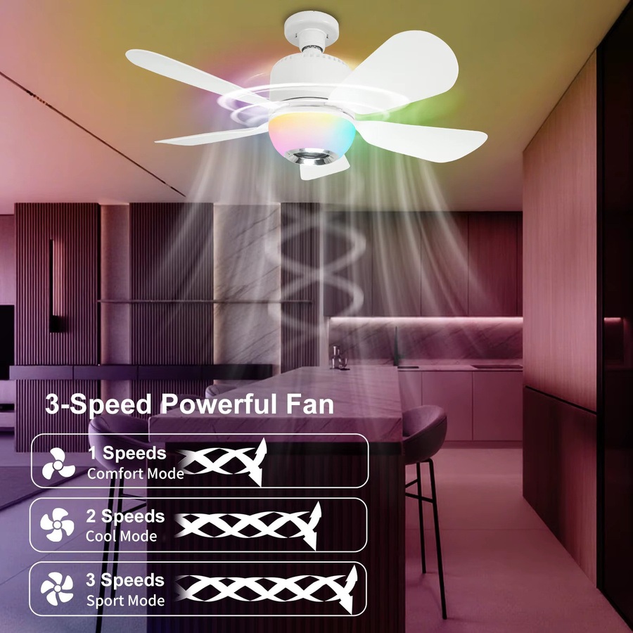 Ludengchaoshi RGB Intelligenter Deckenventilator mit E27-Lampenfassung, integriertem Lautsprecher und App-Steuerung, dimmbar, Weiß - Bild 4