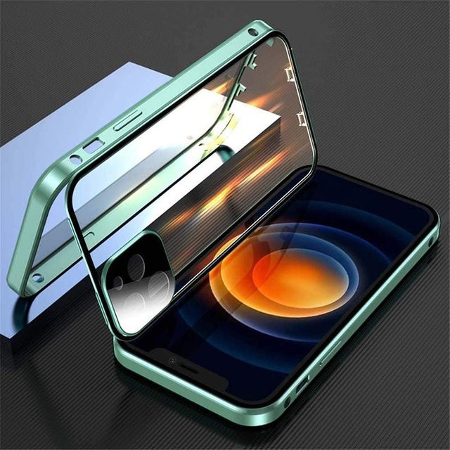 Stoßfeste iPhone Hülle mit doppelseitigem HD-Glas und Metallrahmen sowie Kameraobjektivschutz in Grün für Apple iPhone 16e 15 Pro Max 14 13 12 11 - Bild 1