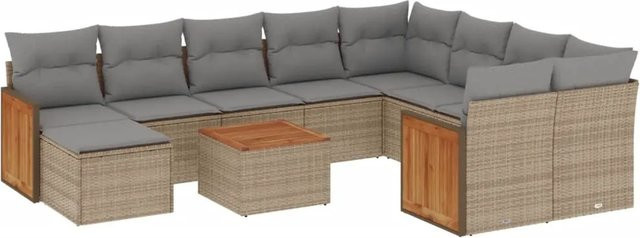 vidaXL 11-teilige Garten-Sofagarnitur aus Poly-Rattan und Akazienholz mit Kissen in Beige - Bild 1