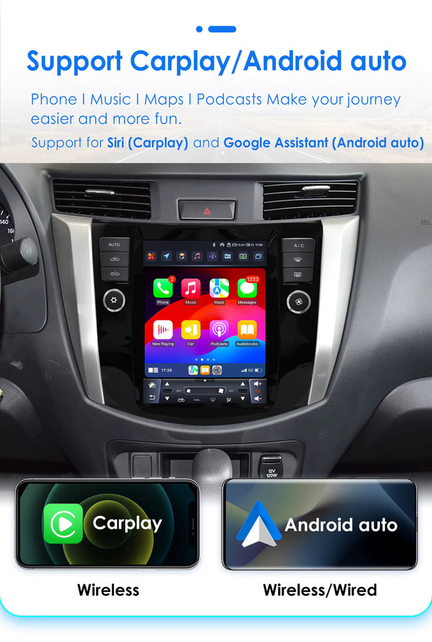 Hizpo Android Auto Radio für Nissan Navara 2016 - 2022 mit kabellosem CarPlay, GPS Navigation und Multimedia in Schwarz im Tesla Stil - Bild 2