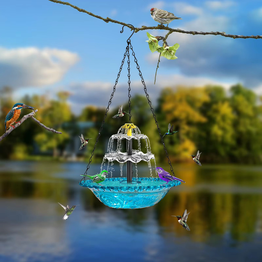 APWIKOGER Solar-Vogelbad mit Solarpumpe und blauer Glasschale, rundes Kolibri-Futterspender für Garten und Terrasse - Bild 3