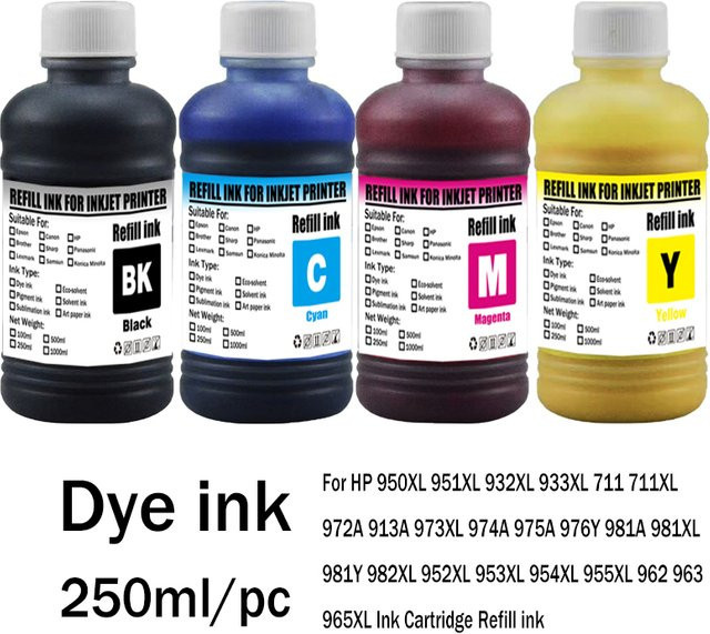 HP Dye Ink Nachfüllset für Tintenpatronen 250 ml kompatibel mit HP 950XL 951XL 932XL 711XL 972A 973XL 975 976Y 981XL 982XL 955XL 962 963 965XL - Bild 1