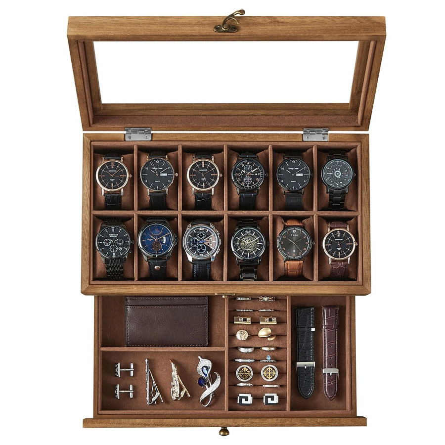 Songmics Uhrenbox aus Paulownia-Holz für 12 Uhren in Walnuss Braun - Bild 2