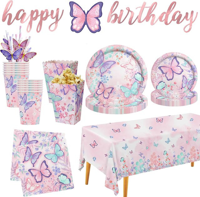 PartiesTour Schmetterling Party Dekoration Set in Rosa mit Einweg Geschirr Teller Tasse Serviette Tischdecke und Popcorn Box für Mädchen Geburtstage - Bild 1