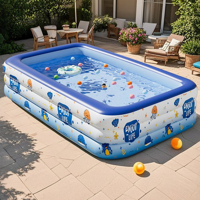Ocean World Aufblasbarer Pool aus PVC in Bunt für Kinder und Familien, rechteckiges Wasserbecken mit Meerestier-Design - Bild 1