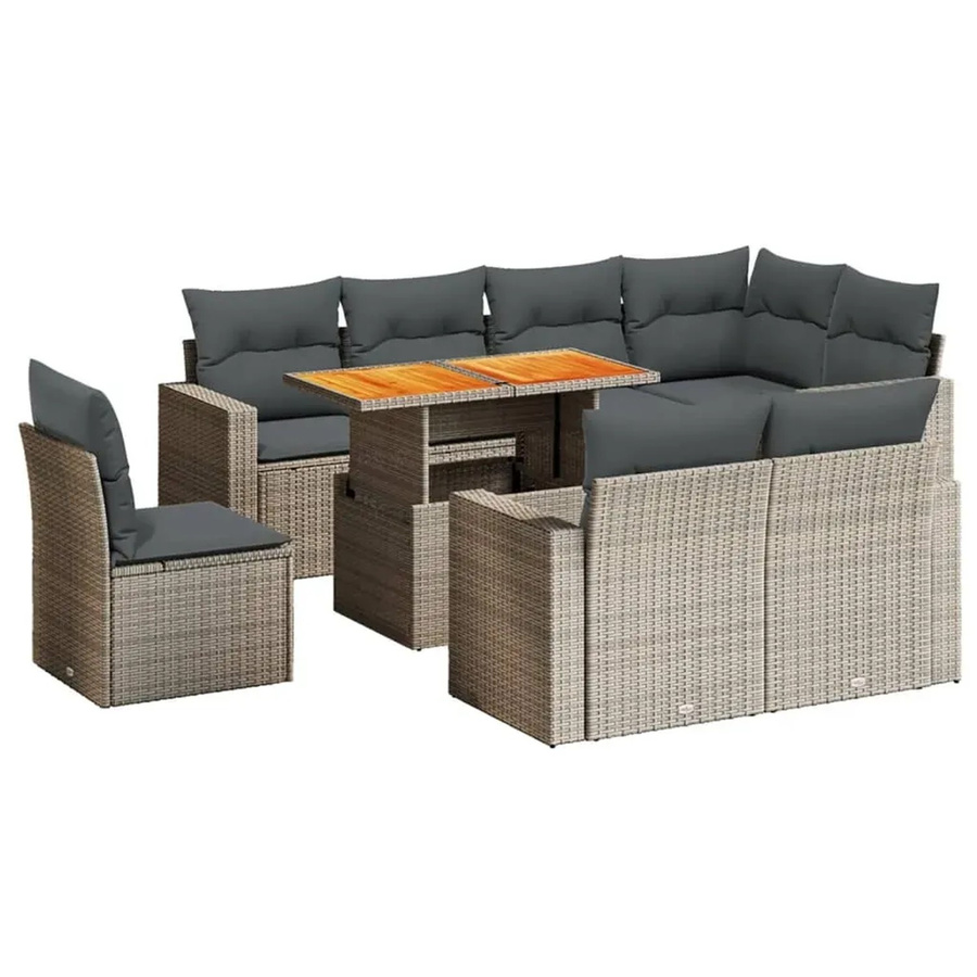 vidaXL 9-teilige Garten-Sofagarnitur in L-Form aus grauem Poly-Rattan mit Kissen und Akazienholz - Bild 2