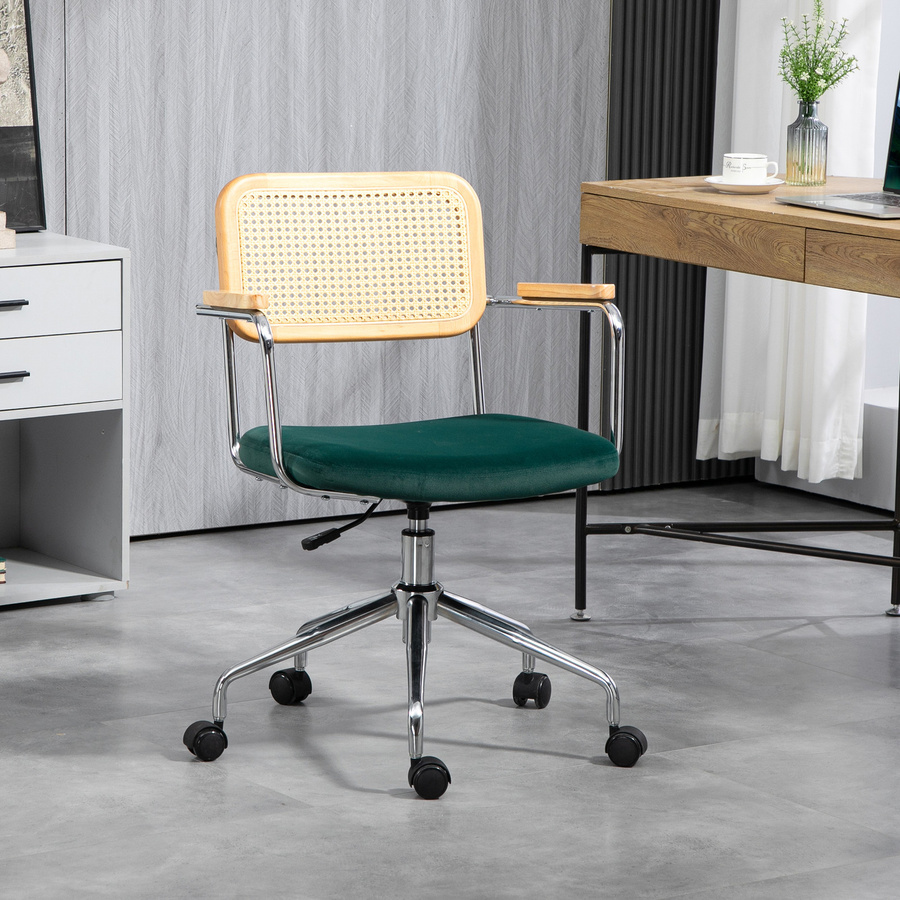 Aosom HOMCOM Bürostuhl in Grün mit Rattanoptik und Samtbezug, höhenverstellbarer Drehstuhl mit Wippfunktion für dein Home Office - Bild 2