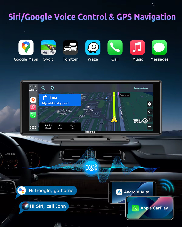 ESSGOO Tragbare Dashcam mit 10,26 Zoll HD-Display, Kabelloses CarPlay und Android Auto, GPS-Navigation, Bluetooth, FM, USB, AUX, Schwarz - Bild 3