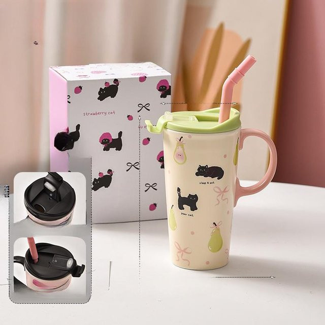 Keramiktasse mit Katzenmotiv und Deckel sowie Strohhalm von Yiran bag, 520 ml, in Blau, Schwarz, Pink oder Mehrfarbig - Bild 1