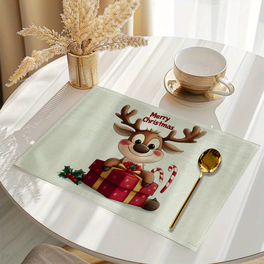VIKAMA 4-teiliges Weihnachts-Tischset mit Rentier-Motiv und Goldrand aus Leinen in Multicolour - Bild 2