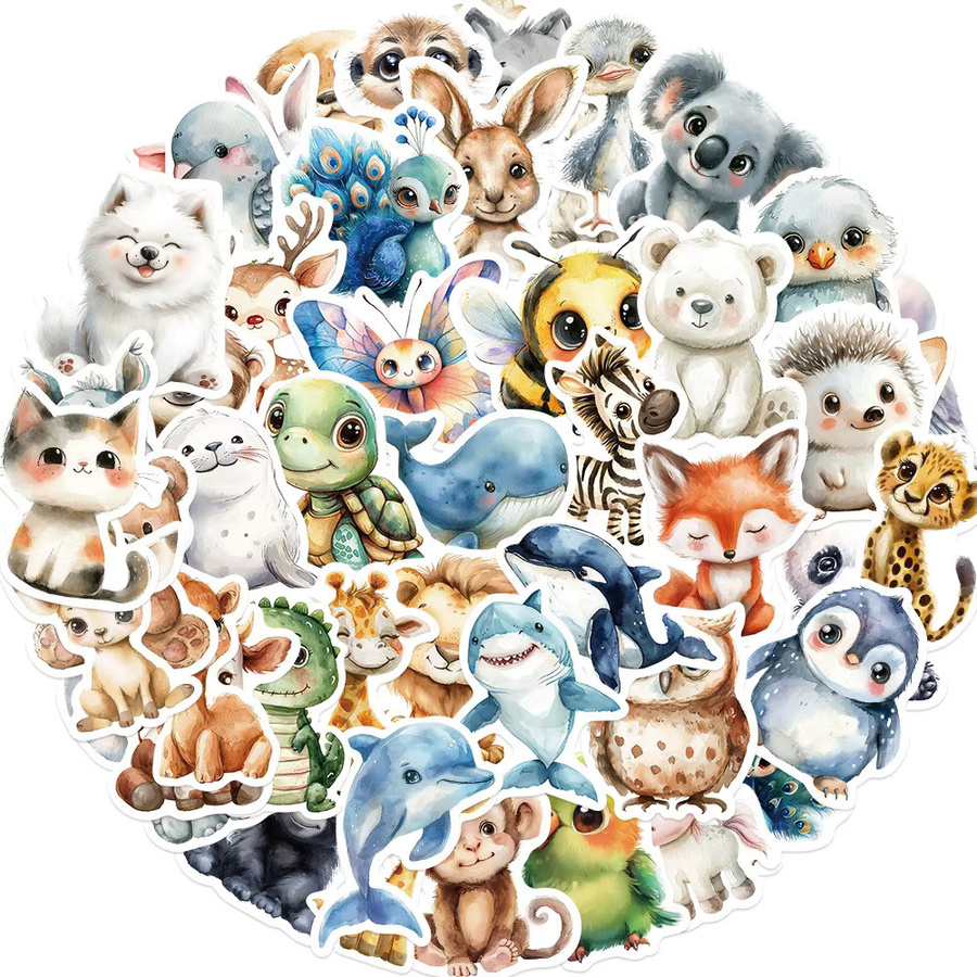 Rspctou Aquarell Tiere Aufkleber, Wasserdichte Kawaii Cartoon Aufkleber für Kinder, DIY Dekoration für Telefon und Laptop, Mehrfarbig - Bild 2