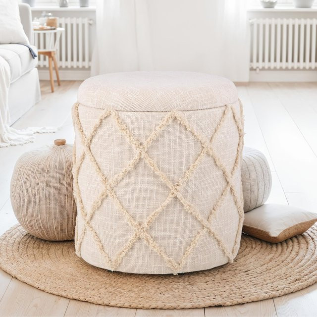 Sitzhocker FineBuy Boho Polsterhocker mit Stauraum aus Baumwolle, Beige, Durchmesser: 40 cm, Höhe: 45 cm - Bild 1