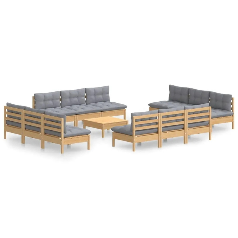 vidaXL 13-tlg. Garten-Lounge-Set aus massivem Kiefernholz mit grauen Polsterkissen in Braun-Grau - Bild 2