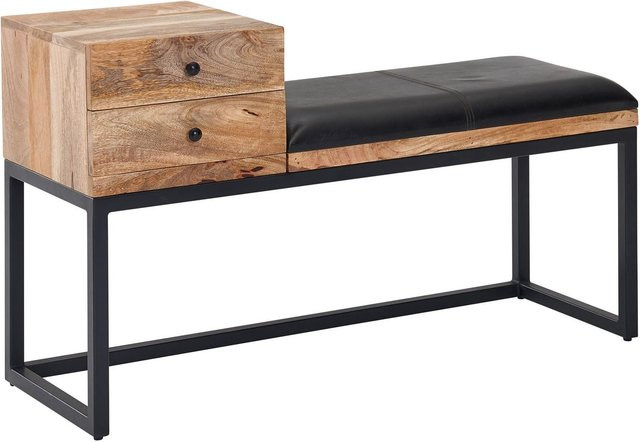 Wohnling Sitzbank im Retro-Style aus Mango-Massivholz und Ziegenleder in Schwarz, B/H/T: 100 x 60 x 35 cm - Bild 1