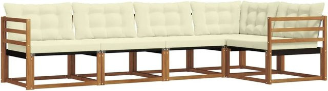 vidaXL Outdoor-Sofagarnitur 5-teilig aus Akazienholz in L-Form mit Kissen in Natur und Creme - Bild 1