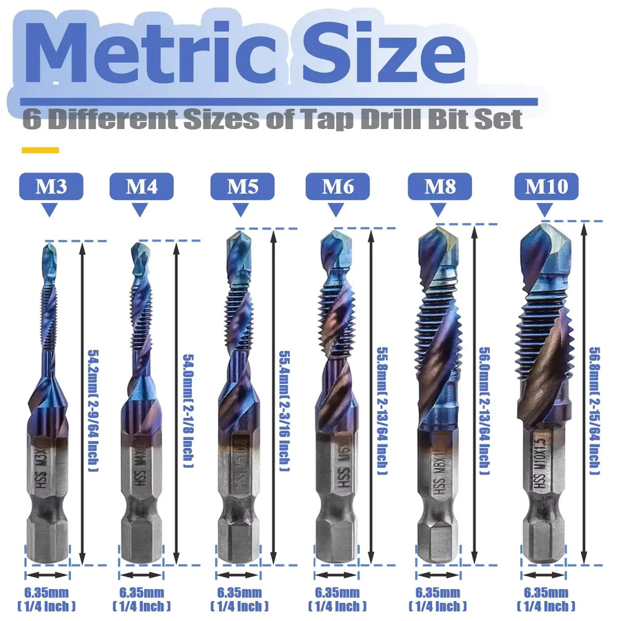 6-teiliges HOMEFISH HSS Gewindebohrer-Set mit Sechskantschaft und Spiralgewinde, Farben: Blau, Größen: M3, M4, M5, M6, M8, M10 - Bild 2