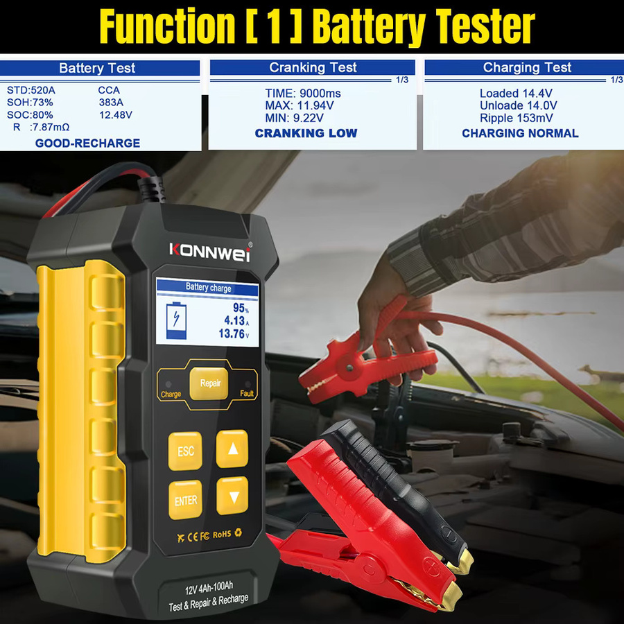KONNWEI KW510 3-in-1 Autobatterietester und Ladegerät mit Puls-Reparaturfunktion für AGM, Gel und Blei-Säure Batterien, Schwarz - Bild 2