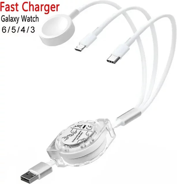 Multi-USB-Schnellladekabel für Samsung Galaxy Watch 6, 5, Pro, 4, 3 und Active 2 sowie für Typ-C und Micro-USB Geräte in Weiß - Bild 1