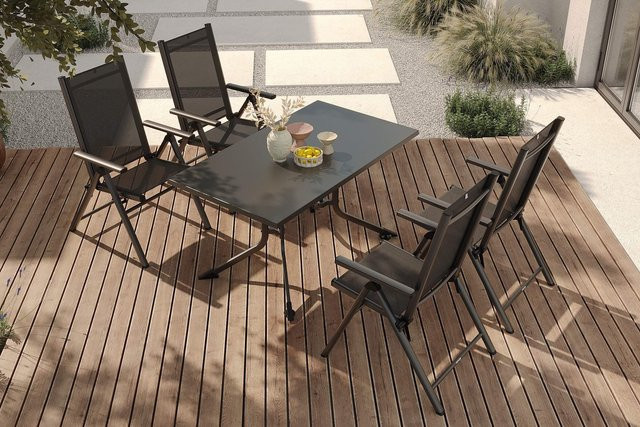 Kettler BasicPlus Pro Garten-Essgruppe in Anthrazit mit klappbarem Tisch und 4 Klappstühlen aus Aluminium und Textilene, Tisch Breite: 140 cm, Tiefe: 95 cm - Bild 1