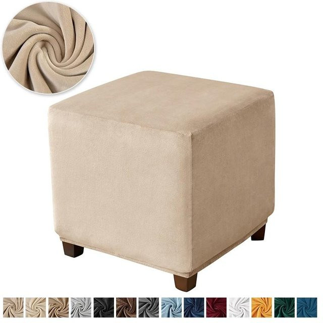 Yiran Furniture Ottomanenbezug aus Samt in Beige, Waschbarer Stretch Hockerbezug für Wohnzimmer und Schlafzimmer - Bild 1