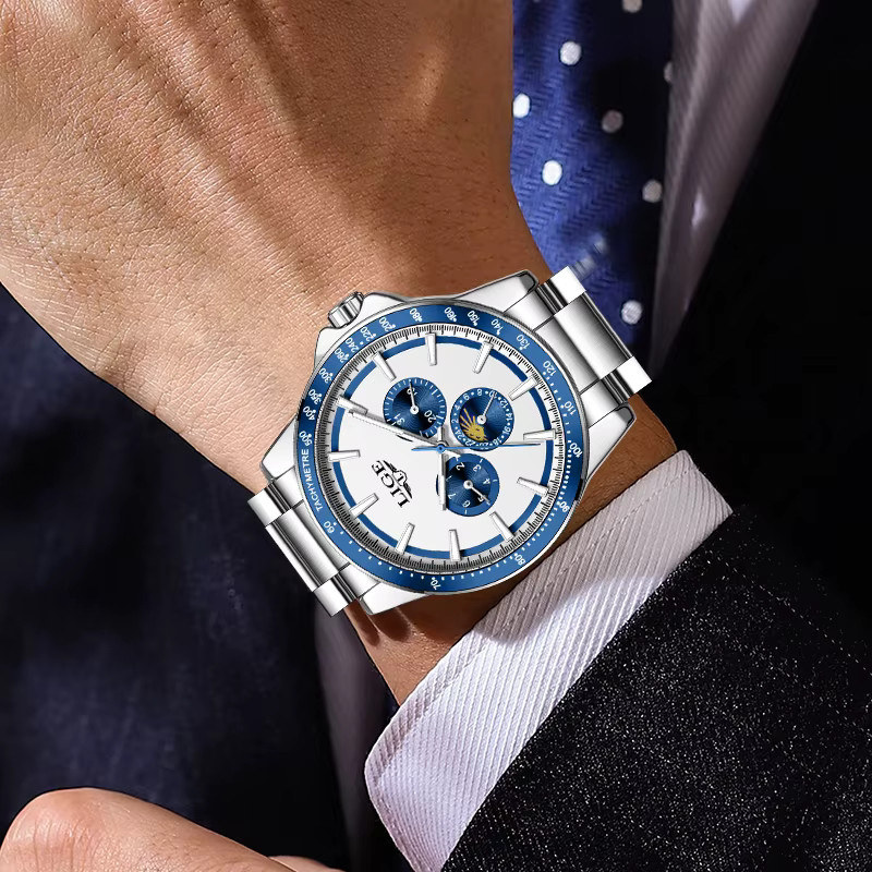 LIGE Armbanduhr Quarz, Edelstahl, Mondphase, Datum, Herren - Bild 6