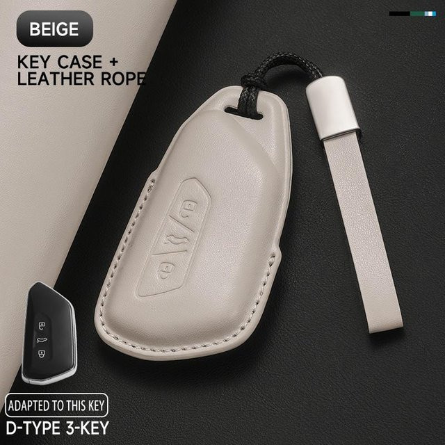 Echte Leder Autoschlüsselhülle Abdeckung als Schutz Set für VW Volkswagen Golf 8 MK8 ID.3 ID.4 Cupra und Skoda Octavia A8 in Beige - Bild 1