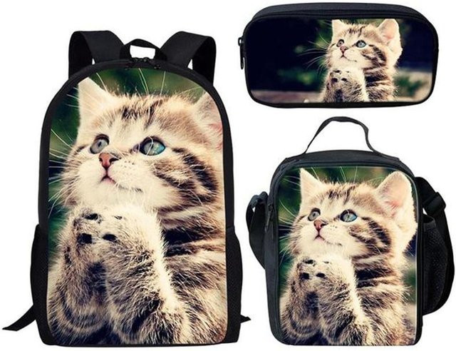 Fancy Style Studio 3er-Set Katzen Motiv Schulset mit Rucksack, Lunchtasche und Federmäppchen in Mehrfarbig - Bild 1