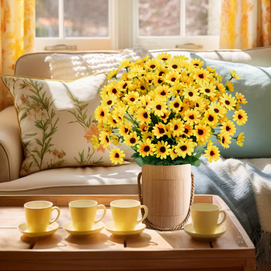 3er oder 5er Set künstliche Sonnenblumenstrauß in Gelb, Höhe: 35 cm, ideale Dekoration für Hochzeit, Party oder Tischdeko im Landhausstil - Bild 2