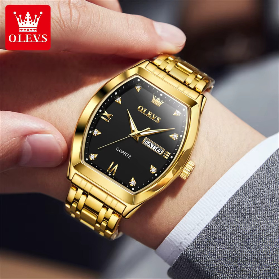 OLEVS Armbanduhr Quarz, Edelstahl, Gold, Diamant, Tonneau, Herren - Bild 3